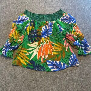 Jealous Tomato Tropical Print Off Shoulder Blouse Green Blue Women's